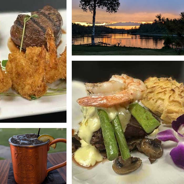 Collage of steak, shrimp, lakeside sunset, cocktail & surf and turf at a Marinette restaurant.